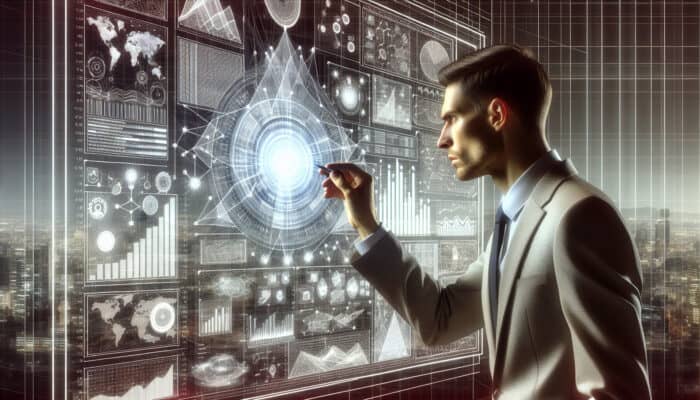 A person analysing data visualisation and charts in a modern office, symbolising research-driven decision-making.