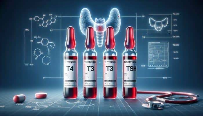 Thyroid Blood Test in Worthing: Illustration of thyroid blood test vials labelled T4, T3, TSH, with thyroid gland diagram showing hypothyroidism and hyperthyroidism.