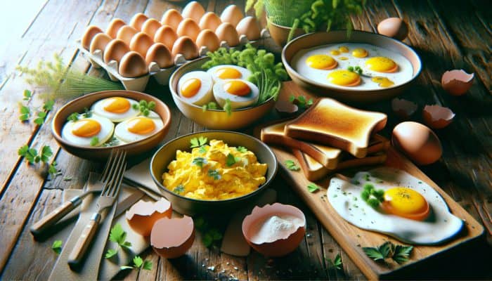 Colourful breakfast scene featuring scrambled, fried, and boiled eggs on a rustic table adorned with herbs and toast.