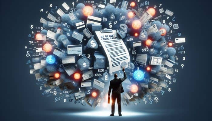 How to Use Debt Consolidation for Long-Term Gain: UK Strategies | DCL How to Use Debt Consolidation for Long-Term Gain: Person consolidating various debts into one manageable loan, symbolising financial relief.