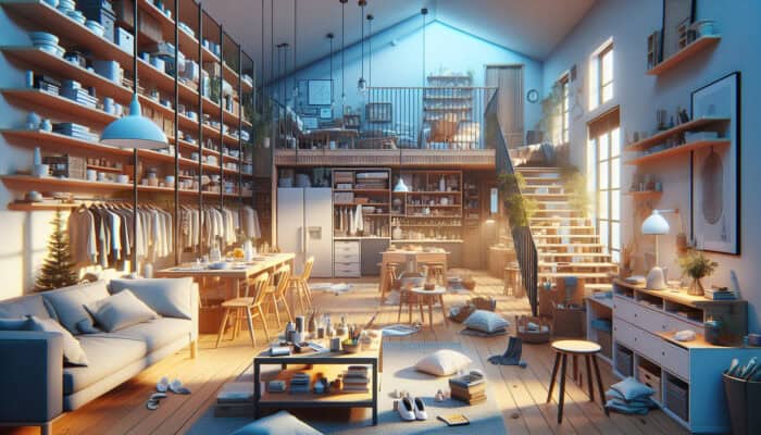 Cozy home interior in the UK, featuring organised, clutter-free rooms illuminated by warm holiday lights.