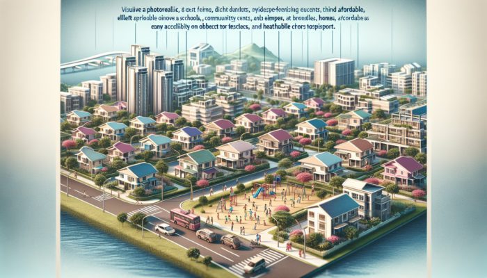 A secure neighbourhood featuring children playing in a park, surrounded by schools, community centres, and affordable homes with excellent access to healthcare and transportation.