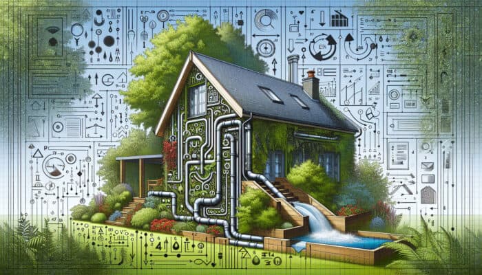 Diagram of modern downspout drainage system with expert annotations, Surrey home background.