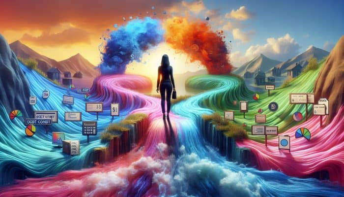 Does Debt Consolidation Ruin Your Credit: UK Insights | DCL Does Debt Consolidation Ruin Your Credit: A person merging colourful debt streams into a clear river, symbolising debt consolidation and financial relief.