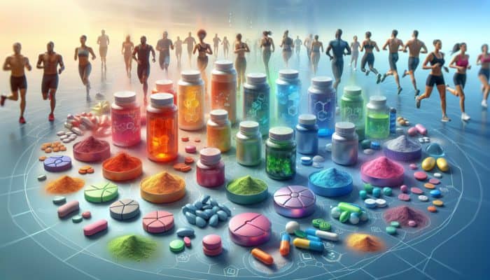 Top Hydration Supplements Compared: Colourful hydration supplements in powders and tablets, with water droplets and electrolytes, against a backdrop of active people in a hot, sunny environment.