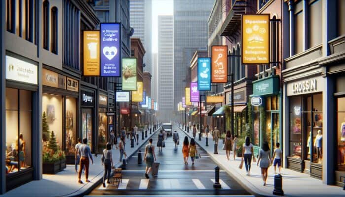 A busy city street with storefronts showing optimised Google listings and customer reviews, digital screens displaying local keywords and landmarks.