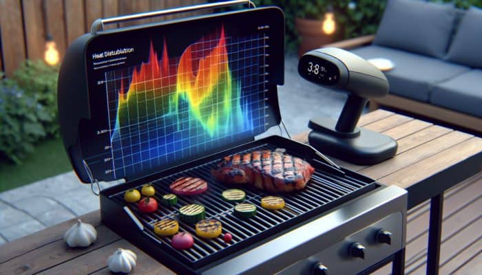 A high-tech BBQ heat mapper scanning a grill, showing a colourful heat map, with grilled foods in a modern backyard setup.
