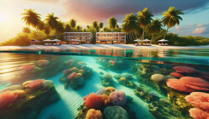 A serene Belizean beachfront with eco-friendly hotels, palm trees, and a colourful sunset.