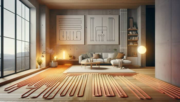 Hydronic Radiant Floor Heating Services in North Vancouver: Modern living room featuring hydronic radiant floor heating, with warm water pipes installed beneath wooden floors for a cozy, draft-free environment.
