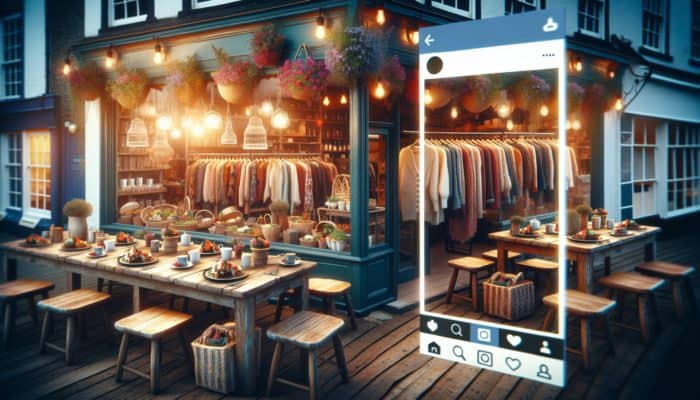 A bustling Sidmouth café with vibrant seasonal dishes and a stylish boutique displaying unique clothing on Instagram.