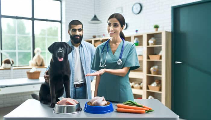 A vet clinic scene with a vet recommending cooked chicken, turkey, carrots, and green beans for pet health.
