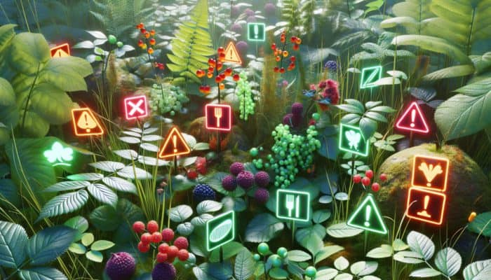 Wild plants with toxic berries and edible leaves on forest floor, surrounded by caution signs and identification guides.