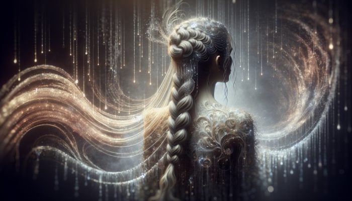 A woman showcasing expertly crafted waterfall braids amidst droplets of water and soft lighting.