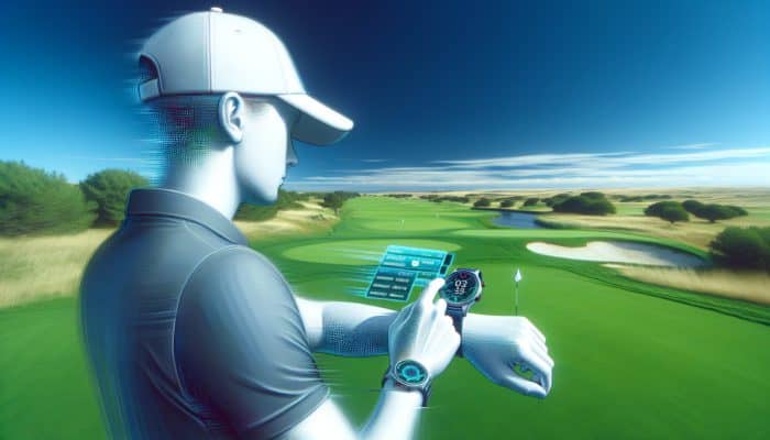 Golfer using a high-tech GPS watch on a green course under a clear blue sky.