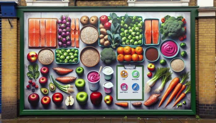 Healthy Eating for Travelers: A colourful UK market stall showcasing nutritious foods like oats, salmon, Brussels sprouts, quinoa, sweet potatoes, broccoli, apples, and yogurt.