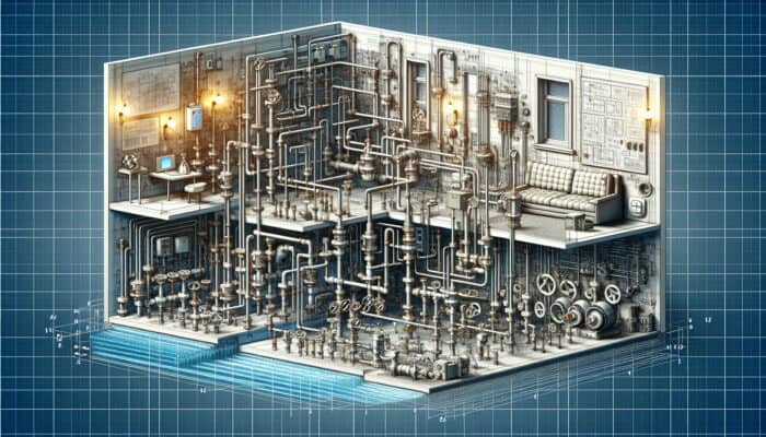 A detailed view of a residential plumbing system showcasing various water valves for optimal management of water flow.