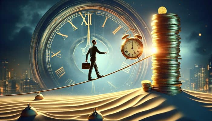 A person balancing on a tightrope over quicksand, with a clock and growing coins in the background.