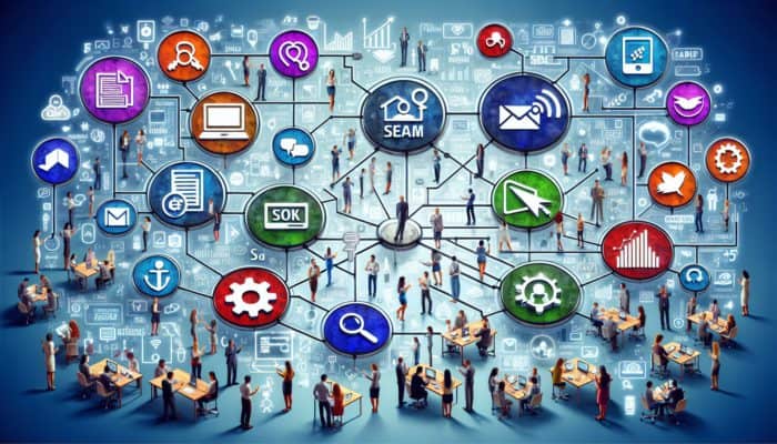 Digital Marketing in Budleigh Salterton for Small Business: A colourful digital landscape showcasing various marketing strategies engaging audiences on different devices.