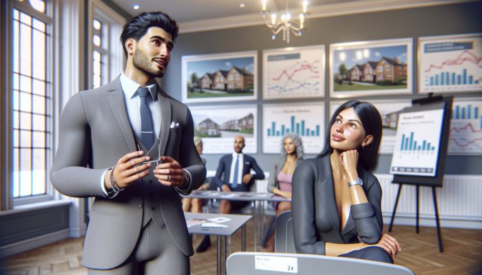 A buyer listening to an estate agent at a seminar with charts and graphs in East London.
