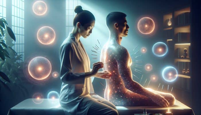 A serene acupuncture session with glowing orbs symbolising enhanced energy and expert guidance.