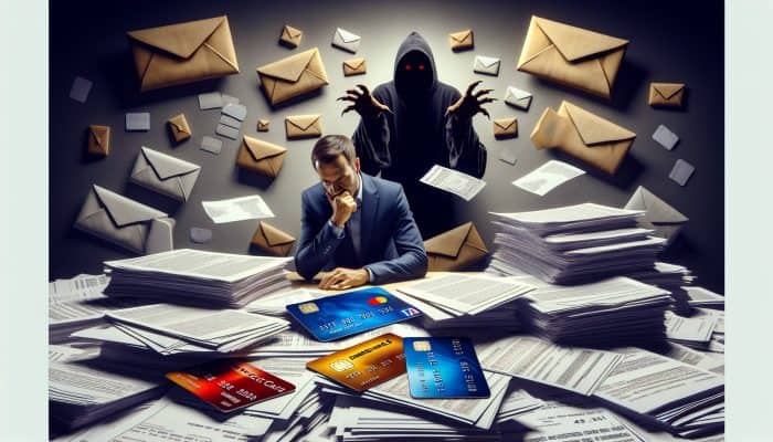 Person overwhelmed by financial documents and credit cards, with shadowy figure symbolising hidden fees and debt consolidation pitfalls.