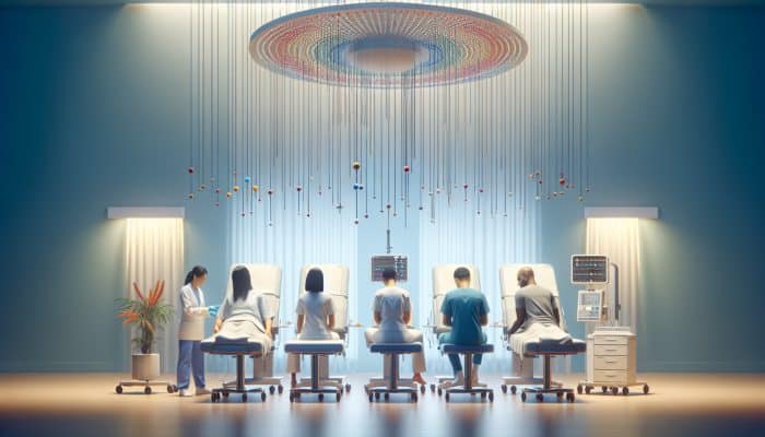 A diverse group of patients receiving acupuncture in a serene UK hospital room, part of NHS pain management.