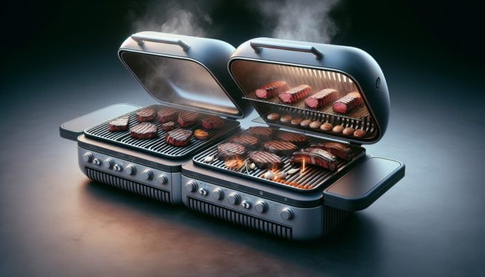 A modular grill system in use, searing steaks and smoking ribs, enhancing flavour diversity.
