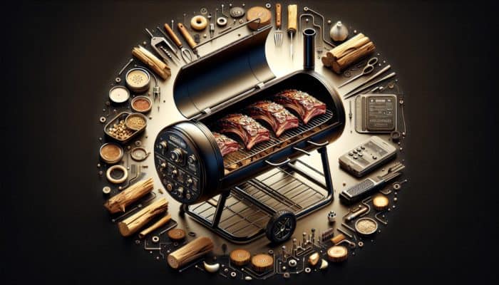 Smoker setup with hickory and applewood chips, soaking, for beef ribs with garlic crust.