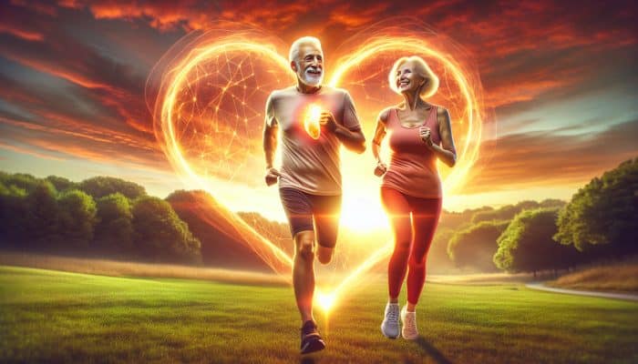 Men’s Health for Retirees: A senior couple jogging in a park at sunrise, symbolising health and vitality.