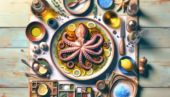 Octopus marinating in lemon juice, olive oil, garlic, and herbs on a Mediterranean table.
