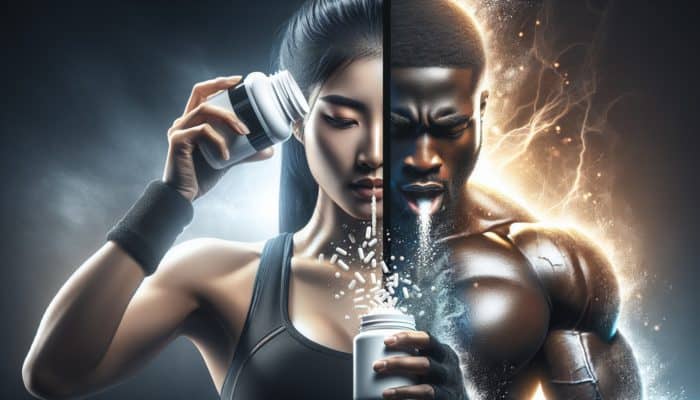 Person taking glutamine before workout and after exercise, showing muscle energy and recovery.