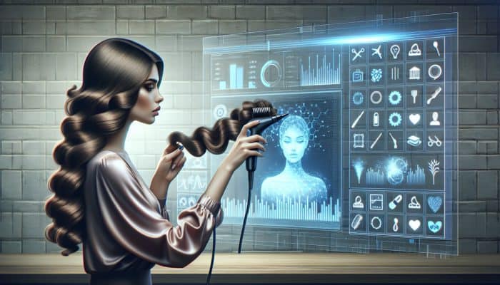 Woman using Shark Flexstyle for curls, expert tips on screen in modern salon.