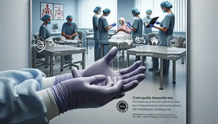 High-quality disposable gloves in care home, certified EN455 and FDA, undergoing strength and tear resistance tests, with staff audits.