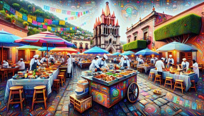 A vibrant culinary tour in San Miguel de Allende highlighting street food, gourmet dining, and cooking classes amidst festive celebrations.