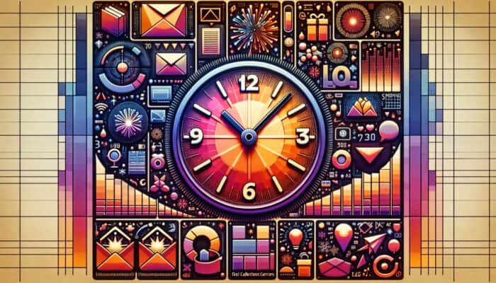 A digital clock indicating mid-morning, surrounded by opened emails, holiday symbols, and engagement charts.