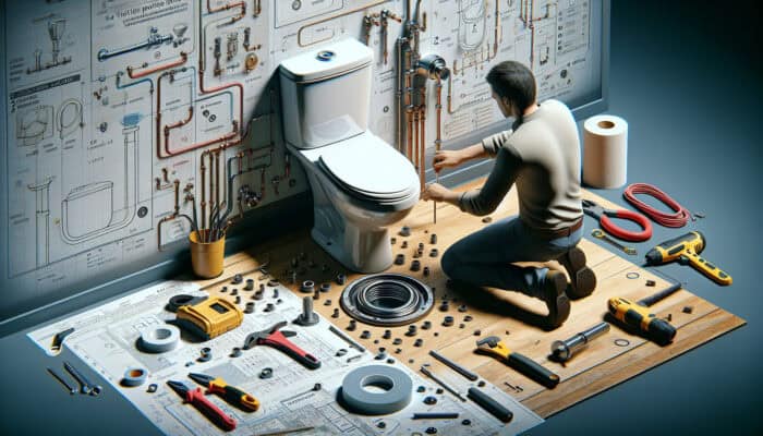 Toilet Installation Services in Chilliwack: A skilled professional installing a toilet, aligning it over the flange, securing it with bolts, and connecting the water supply, with tools and a new wax ring ready nearby.