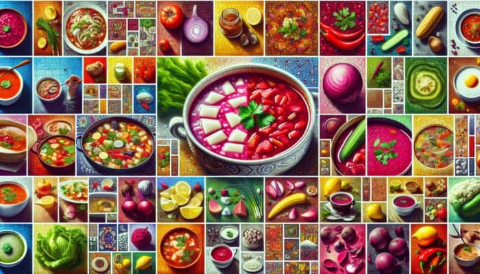 A collage of global soups including Mexican pozole and Eastern European borscht, showcasing cultural ingredients.