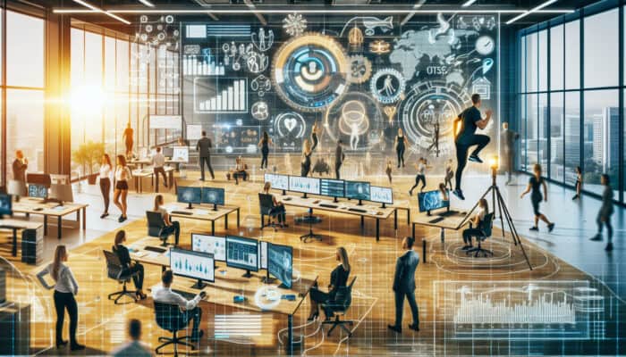 Remote virtual assistants in a modern tech firm engaging in fitness challenges and wellness check-ins via video calls, showing increased job satisfaction and reduced stress.