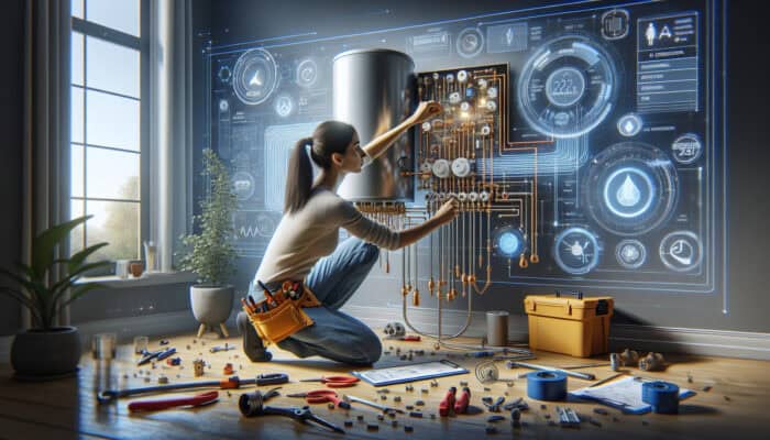 A professional installer connects a hot water tank to electrical and plumbing systems in a contemporary home.