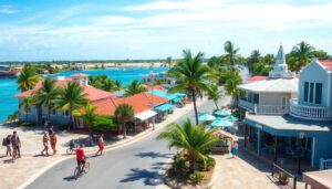 A coastal town scene in Corozal Town, Belize, where people walk and bike along colourful streets lined with palm trees, outdoor cafes, and real estate options that highlight the area’s affordable living by blue water and boats under a clear sky.