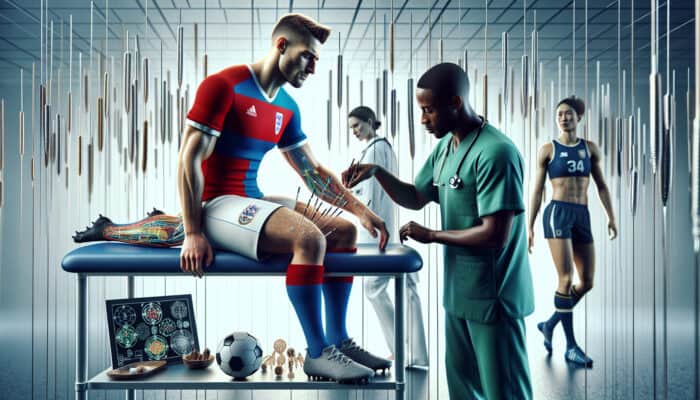 UK athlete receiving acupuncture for sports injury, surrounded by rugby and Olympic athletes in modern recovery facility.