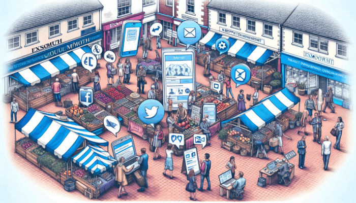 Exmouth market scene with small business owners using social media on devices to engage with customers.