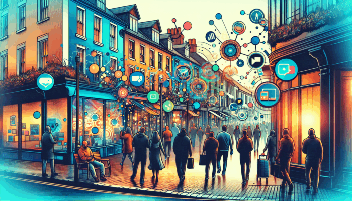 A bustling Exeter street with small businesses using SEO-optimized digital signs, mobile websites, and voice search.