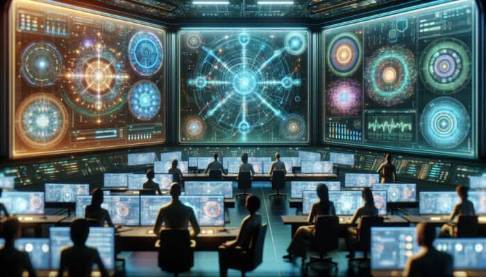 A futuristic control room with experts analysing virtual assistant operations using holographic interfaces and advanced technology.