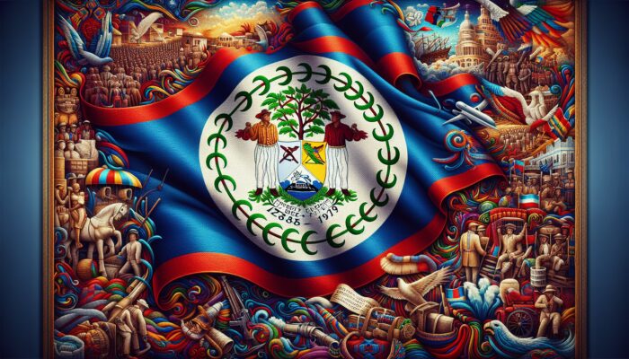 Belize flag symbolizing independence and cultural diversity, with historical elements from 1840 to 1990.