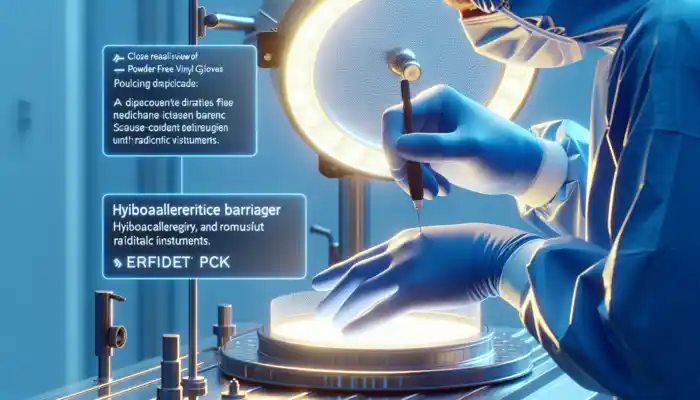 Powder Free Vinyl Gloves in Accrington: Close-up of shiny PVC powder-free gloves on a healthcare worker's hands in a sterile UK clinic, handling tools smoothly.