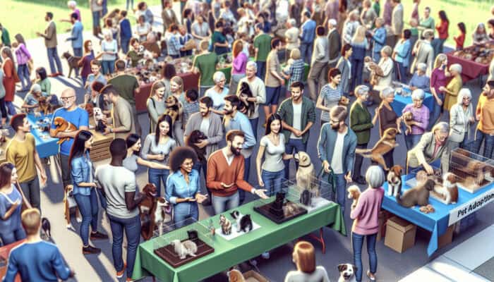 A lively pet adoption fair with families, pets, and volunteers providing expert advice.