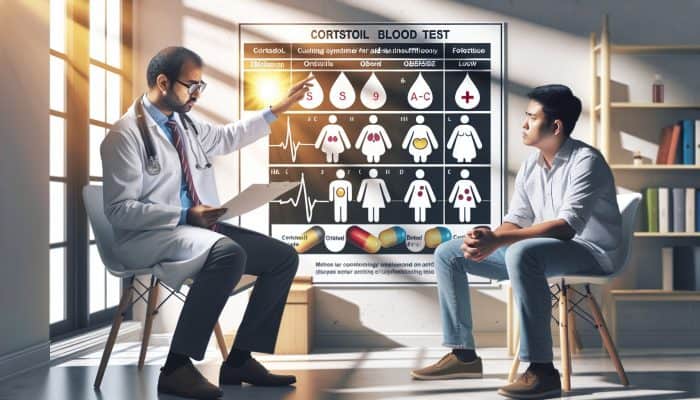 A focused doctor in a sunlit Blackpool clinic examines cortisol test charts showing elevated levels for Cushing's syndrome and low levels for adrenal insufficiency, as a concerned patient listens intently.