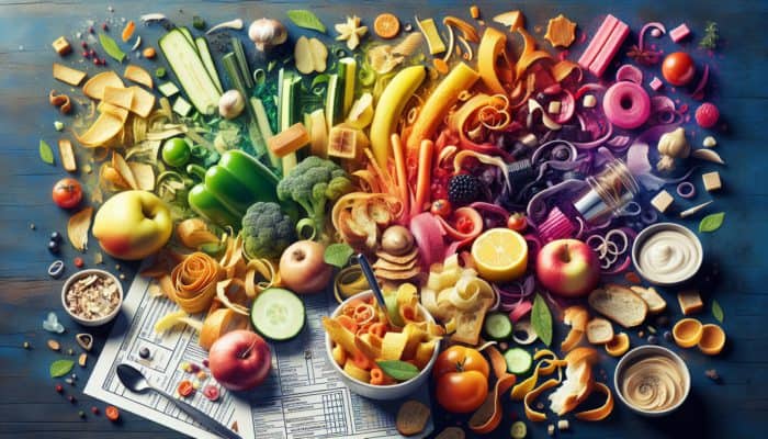 A colourful kitchen setting with food scraps transformed into delightful upcycled dishes.