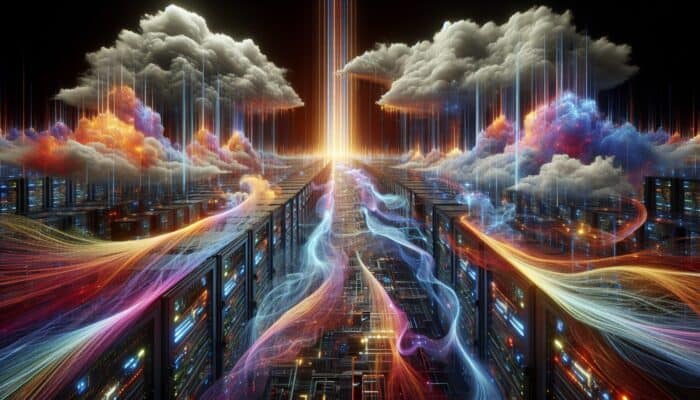 Glowing threads of code weave through server racks and cloud formations, symbolising Threads' rising popularity in a vibrant digital landscape.